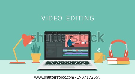 Video editing software on laptop computer concept. Workplace for freelancer and editor, vlogger or movie making, flat design vector illustration