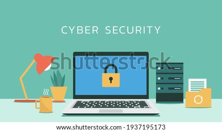 computer security system concept with padlock icon on laptop screen, flat design vector illustration