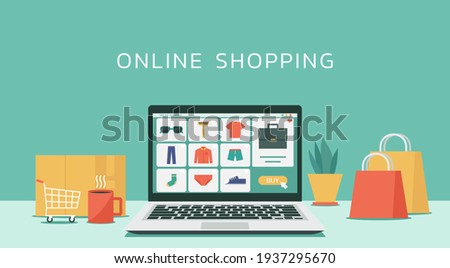 online shopping or digital store on computer laptop concept, men fashion products from e-shop with icons and goods, vector graphic flat design illustration