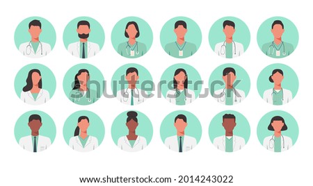 People portraits of faceless males, females doctor and nurse, men and women face avatars isolated at round icons set, flat vector illustration