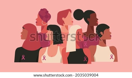 breast cancer awareness month for disease prevention campaign and diverse ethnic women group together with pink support ribbon symbol on chest concept, flat vector illustration