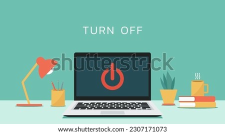 laptop with turn off button icon on screen, flat vector illustration