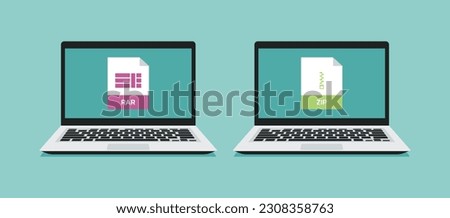 set of compressed ZIP and RAR document file format icon on laptop screen, flat vector illustration