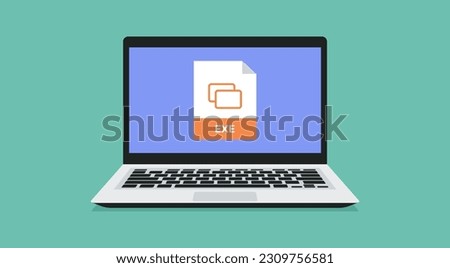 file format icon with EXE label on laptop screen, vector flat design illustration