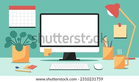 home office workspace concept, blank screen desktop computer on table with keyboard, mouse, cup, pencil holder, lamp and plant on desk, and post it note, calendar on wall, flat vector illustration