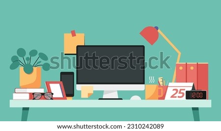 home office workspace concept, blank screen desktop computer on table with phone, cup, pencil holder, lamp, picture frame, book, digital clock and plant on desk, flat vector illustration
