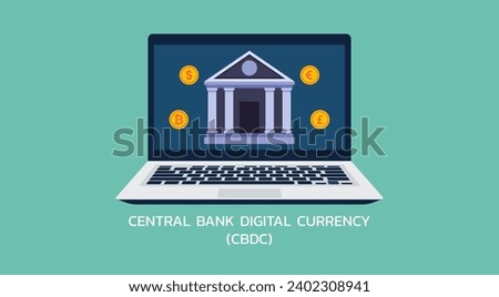 Unlocking the Future of Finance, CBDC and Digital Currency Transformations for Seamless Money Payment Transfers on Laptop, Flat Vector Illustration