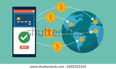 Cross-Border Money Transfer to Global with Digital Wallet and Mobile Banking App Gateway Platform, Flat Vector Illustration Design
