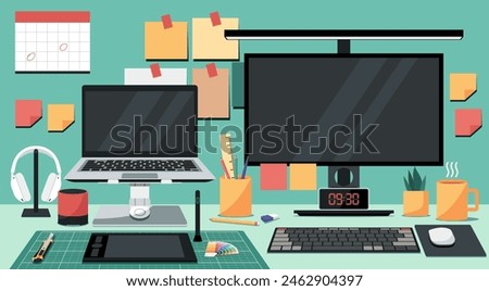 Professional Workspace at Home with Desktop, Laptop, Graphic Tablet, Cutting Mat and Office Supplies, Showcasing a Creative and Organized Work Environment, Flat Vector Illustration Design