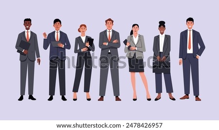 Corporate Team of Businesswoman and Businessman with Various Races and Ages in Office Outfits Standing Together, Representing Leadership and Teamwork, Flat Vector Illustration Design