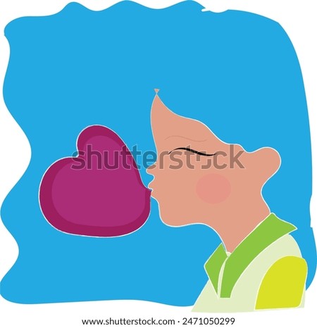  A girl blowing kiss to his lovable person with beautiful hair flying. Flat design, vector illustration.