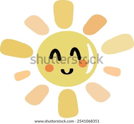 Cute funny sun with smiling face isolated on white background. Happy adorable sunny. Summer decorative design element. Childish vector illustration in flat style for baby t-shirt or sweatshirt print.