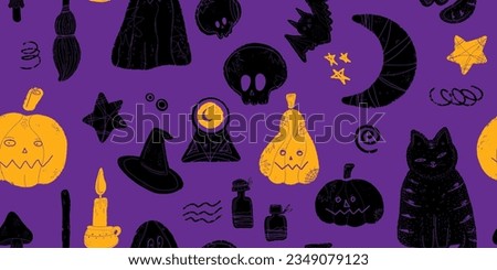 Halloween party decor, pumpkins, cat, skull, broom, ball, hat, poison, etc. Vector seamless pattern