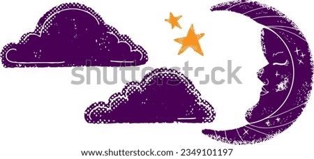 Crescent with a face and clouds, storm clouds. Textural fabulous elements. Vector set, collection.