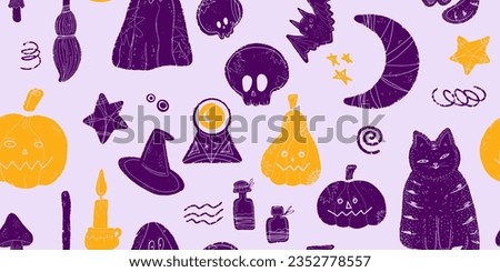 Halloween party decor, pumpkins, cat, skull, broom, ball, hat, poison, etc. Vector seamless pattern	
