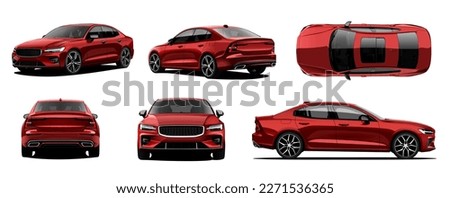 realistic vector red car with gradients and perspective from front, back, side and top 