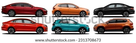 Vector Realistic Car Collection includes Red, black sedan and orange and green SUVs and orange Hatchback all this cars in side view with gradients and white background
