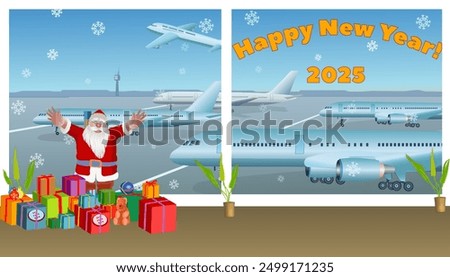 Santa Claus with lots of boxes filled with toys and gifts for children is standing in the airport waiting hall. Airplanes can be seen through the window. Happy New Year! 2025. Vector illustration.