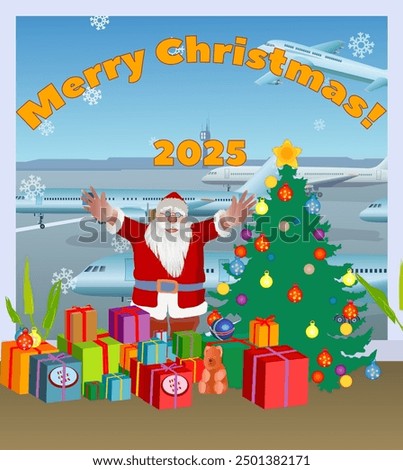 Santa Claus with lots of boxes filled with toys and gifts for children standing in the airport waiting hall near a fir tree.  With a text Merry Cristmas! 2025. Vector illustration.