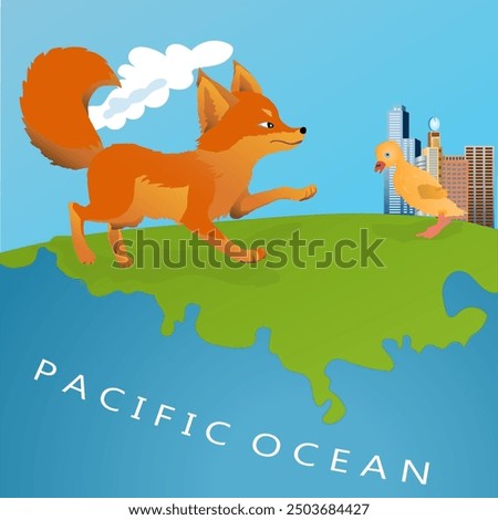 Dangerous world. Goosling meets a fox near the city. Vector illustration.