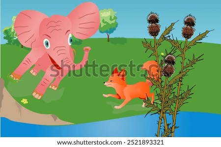 Cute baby elephant and fox on a field with a thistle in foreground. Vector illustration.