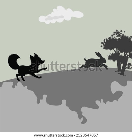 Rabbit and fox.  Silhouette landscape scene. Vector illustration.