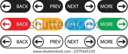 Previous, Next, more and back button, Next Back webpage button icons set vector art