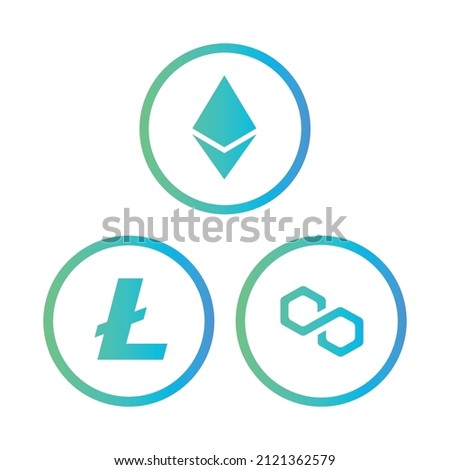 Cryptocurrency coins icons set. Ethereum, Litecoin, Polygon coins icons set. Flat Vector illustration - Vector