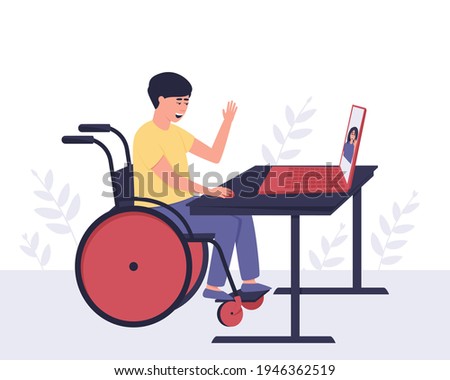A disabled guy communicates with a girl he knows through video communication. Internet communication. The concept of an accessible environment for people with disabilities. Vector illustration