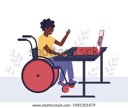 An African American disabled guy communicates with a girl he knows through video communication. The concept of an accessible environment for people with disabilities. Vector flat illustration