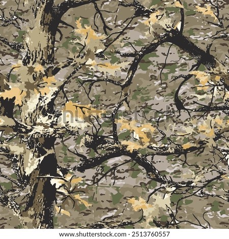 Realistic hunting camouflage seamless pattern design. Forest barks, stems, leaves camouflage background