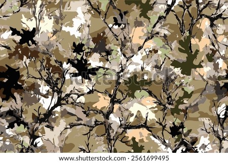 Forest camouflage. Tree branches, leaves, Christmas trees. Pattern for clothing, various products. Hunting camouflage seamless pattern background