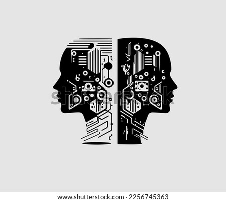 silhouettes of two cyborg heads in profile with chips as a symbol of future technology and transhumanism icon in the digital age and learning - black and white modern vector logo