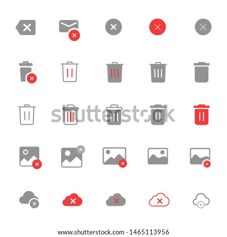 Delete icon set, remove image, delete audio, delete music, remove cloud item, delete mail, trash can, recycle bin vector for web and mobile apps