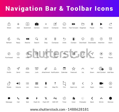 Navigation bar and tab bar icon set. Mobile app UI Kit, Line icons isolated for all mobile platform apps. Flat Mobile Web UI Kit. home, search, internet, delete, contact, alarm, play line icons etc.