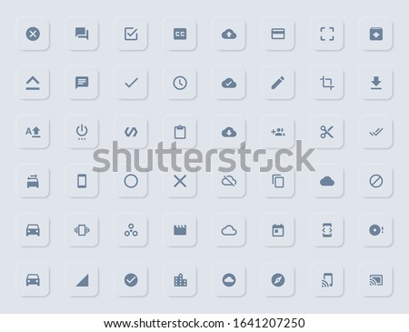 Soft UI icon resources. Trendy neomorphic material design flat icons collection. cloud backup, car transport, upload/download, cut, trim, media, editor etc. filled icons for web and mobile apps 