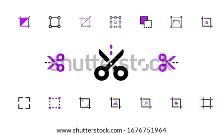 File crop, Audio/Video trim, Image cropping, cut, scissor, adjust, resize, expand flat and line material icons for web and mobile apps