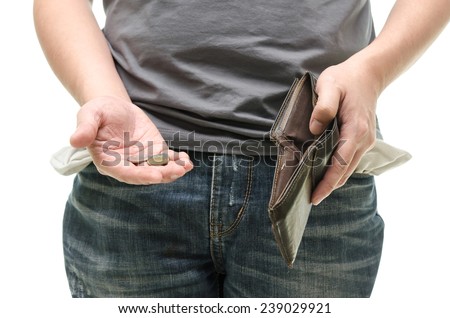 Coins in hand with empty pocket,blue jean with white background