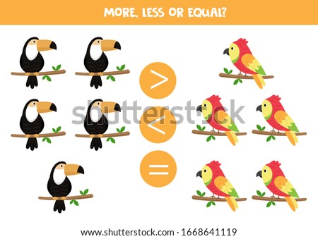 More, less or equal. Count and compare the number of toucans and parrots.