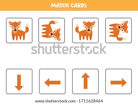 Match cards with fox and arrows. Orientation game for kids. Left, right, up or down. Printable worksheet.