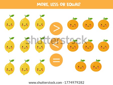 More, less or equal. Count the amount of cute kawaii lemons and oranges and compare. Educational math game for kids. 