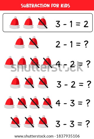 Subtraction with cartoon red Santa cap. Math game for kids.