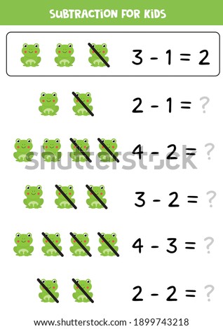 Subtraction game for kids with cute cartoon frog. Math game for kids.