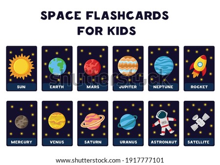 Space flashcards for kids. Vector illustrations of solar system planets with their names.
