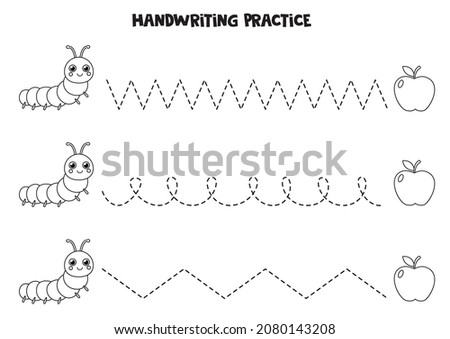 Tracing lines for kids with cute caterpillar and apples. Handwriting practice.