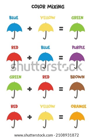 Color mixing worksheet for children. Color scheme with umbrellas.