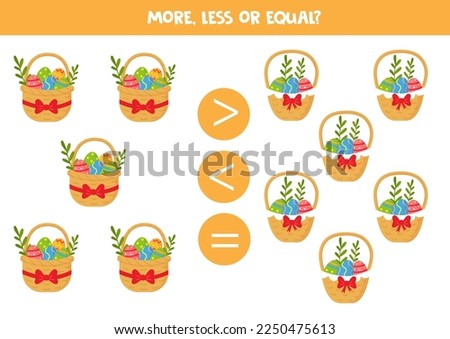 More, less or equal, compare the number of Easter baskets.