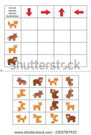 Cut out woodland animals below and sort them out by directions. Educational game for kids.