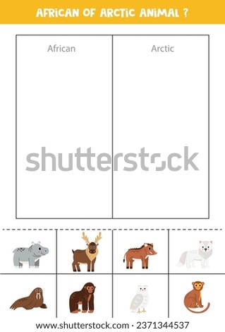 African or Arctic animal. Match cards with cute animals. Logical game for kids.