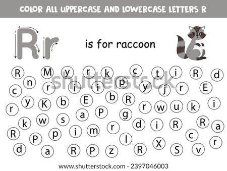 Find and dot all letters R. Educational worksheet for learning alphabet. ABC letters. R is for raccoon.